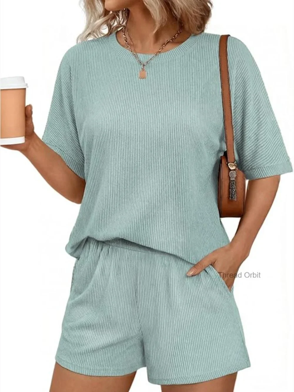 2 Piece Lounge Set Ribbed Short Sleeve Matching Shorts